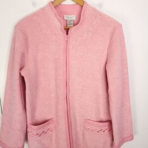 Vintage House Coat Womens M Anne Lewin Full Zip Longline Pink Sweater Braiding